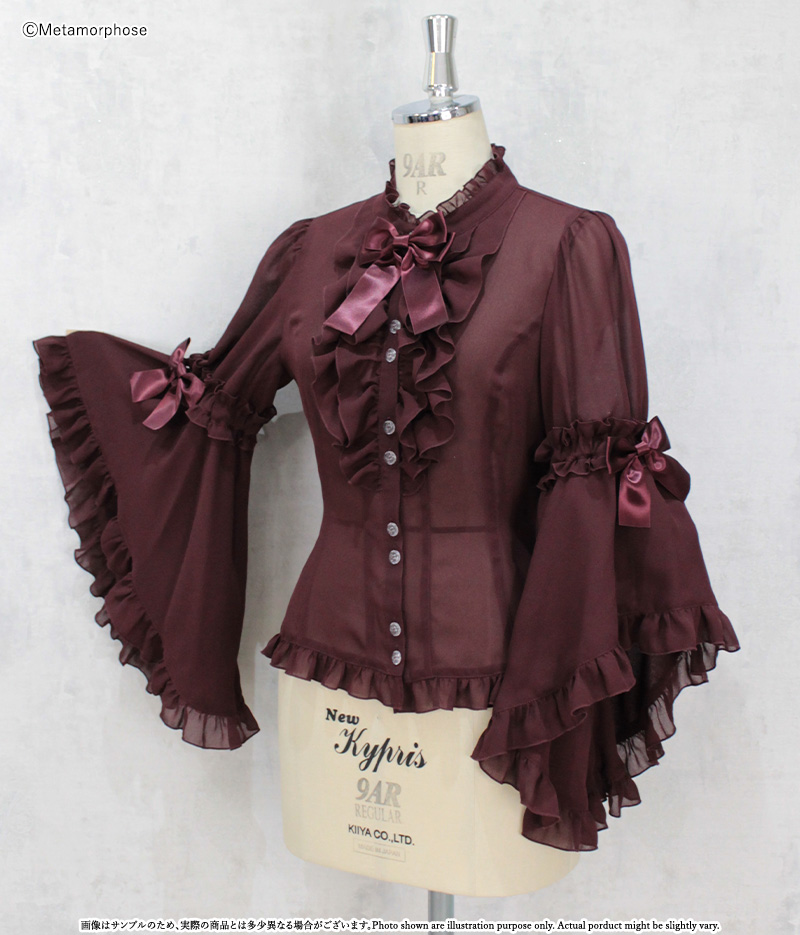 プラスサイズ】スタンドカラーロング姫袖ブラウス - ブラウス