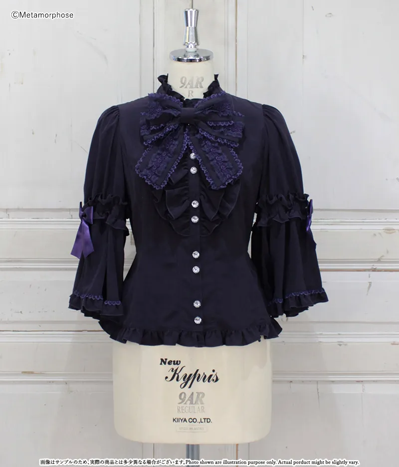 スタンドカラーフリルリボン姫袖ブラウス - ブラウス