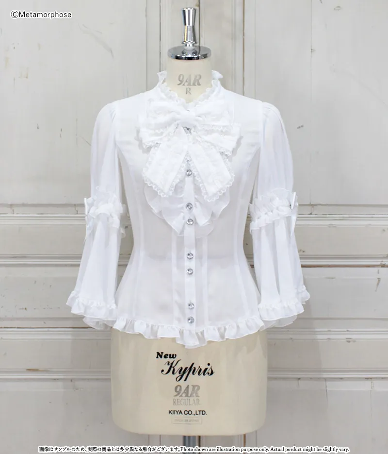 Plus Size] Stand Collar Frill Ribbon Princess Sleeve Blouse