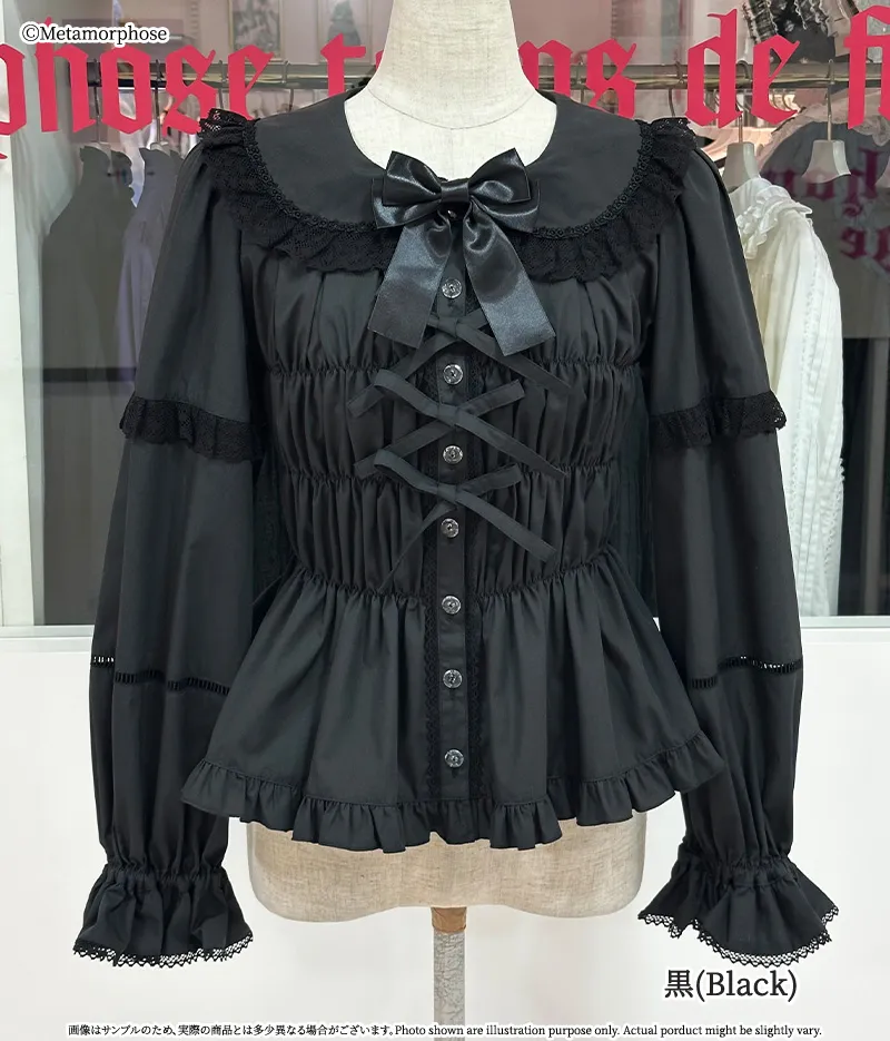 Plus Size] Lace Switching Sleeve Round Collar Shirring Blouse